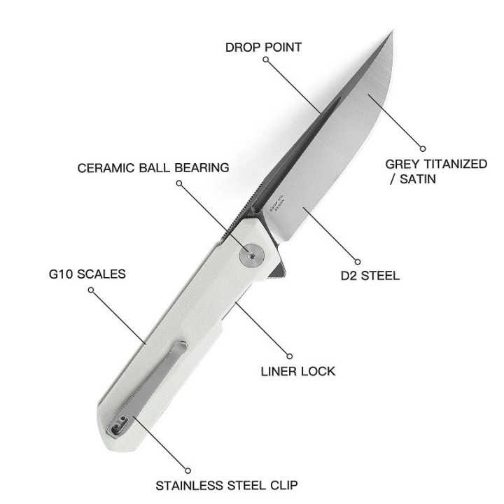 Couteau Bestech Bestechman Dundee White Lame Acier D2 Manche G10 IKBS Linerlock Clip BTKMK01G - Livraison Gratuite
