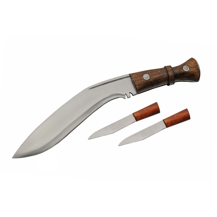 Couteau Kukkri Gurkha Service Kukri Army Combat Lame Acier Inox Manche Bois Etui Cuir + 2 Couteaux PA882450 - Livraison Gratuite