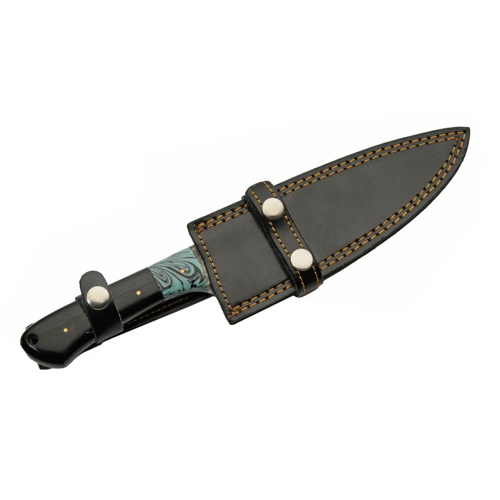Couteau De Chasse Damas 256 Couches Manche Corne/Turquoise Etui Cuir DM1305 - Livraison Gratuite