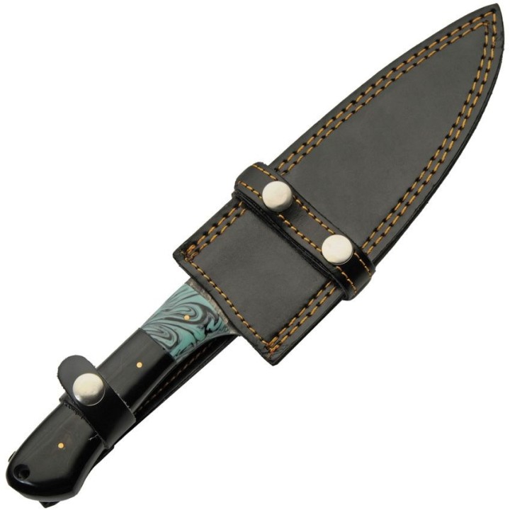 Couteau De Chasse Damas 256 Couches Manche Corne/Turquoise Etui Cuir DM1305 - Livraison Gratuite