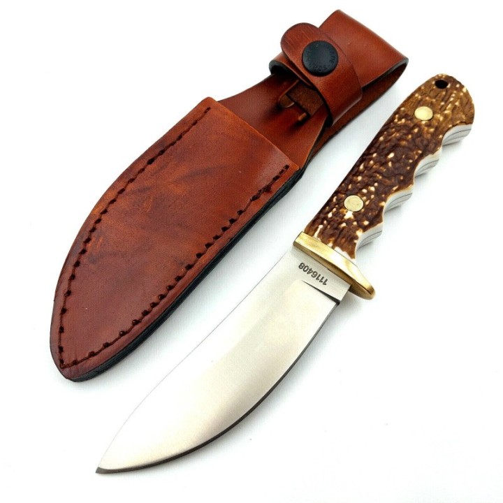 Couteau de Chasse Schrade Uncle Henry Lame Acier 7Cr17MoV Manche Staglon Etui Cuir SCH1116408 - Livraison Gratuite