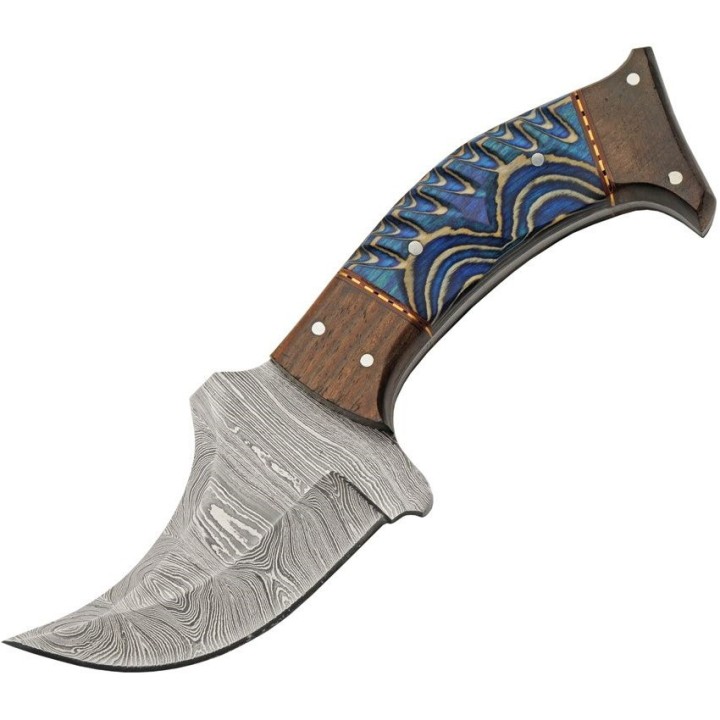 Couteau Skinner Damas Lame 256 Couches Manche Bois Blue Etui Cuir DM1333BL - Livraison Gratuite 
