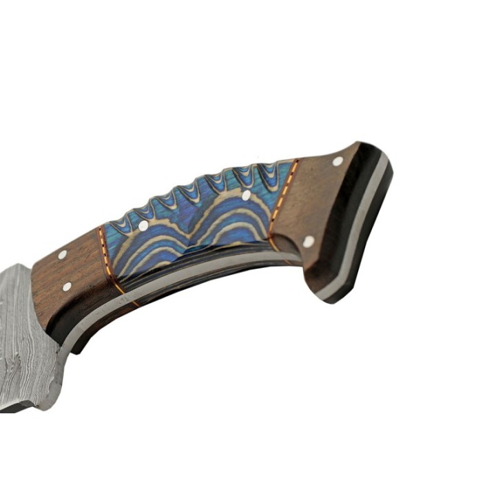 Couteau Skinner Damas Lame 256 Couches Manche Bois Blue Etui Cuir DM1333BL - Livraison Gratuite 