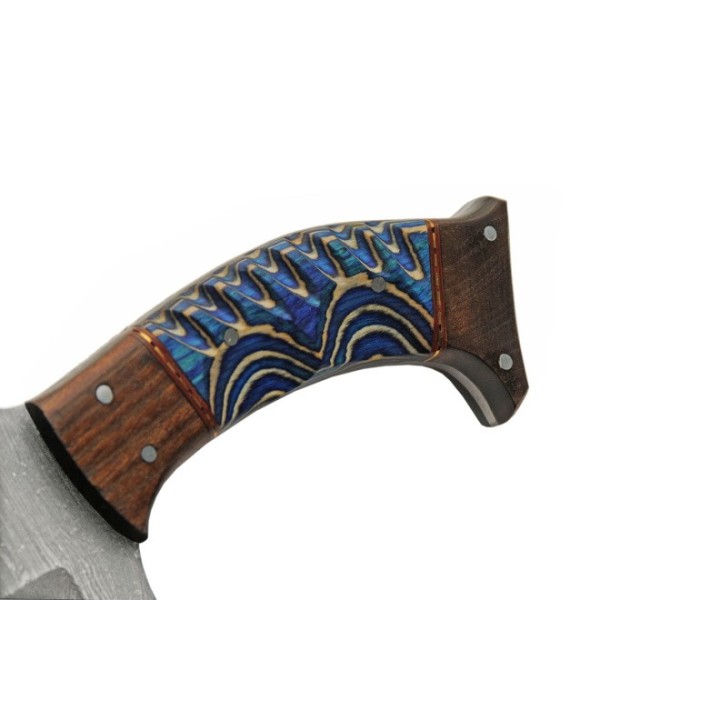 Couteau Skinner Damas Lame 256 Couches Manche Bois Blue Etui Cuir DM1333BL - Livraison Gratuite 