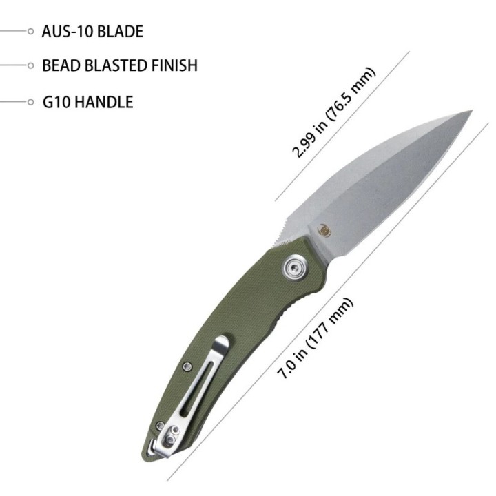 Couteau Kubey Leaf Green Manche G10 Lame Acier AUS-10 IKBS Linerlock Clip KUB333E - Livraison Gratuite