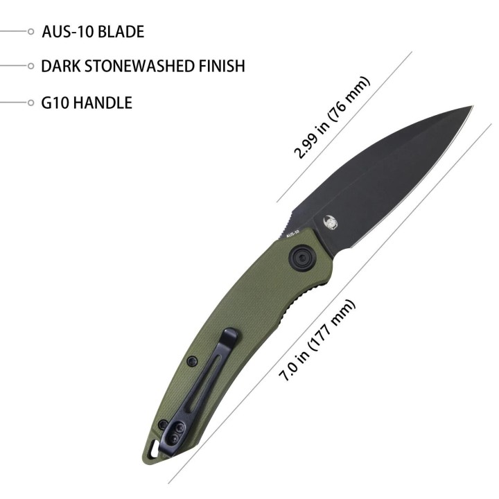 Couteau Kubey Leaf Green Manche G10 Lame Acier AUS-10 Black IKBS Linerlock Clip KUB333C - Livraison Gratuite