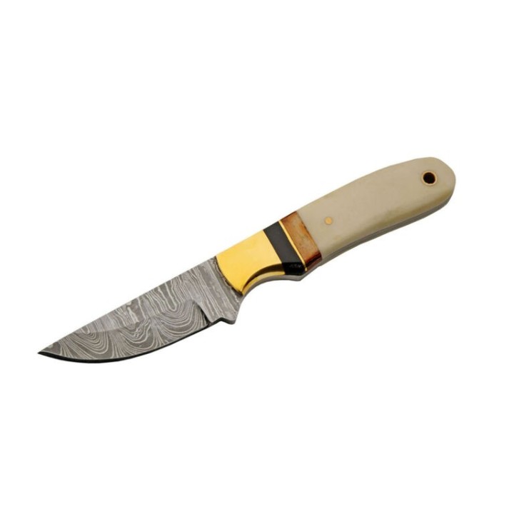 Couteau Skinner Damas Autumn Bone Lame Acier 256 Couches Manche Os Etui Cuir DM1340 - Livraison Gratuite