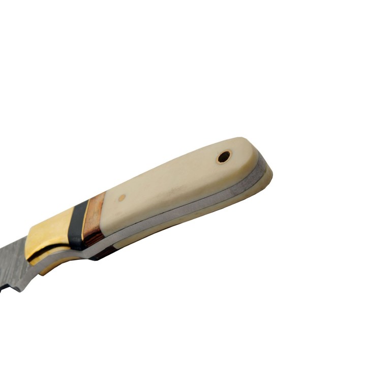 Couteau Skinner Damas Autumn Bone Lame Acier 256 Couches Manche Os Etui Cuir DM1340 - Livraison Gratuite