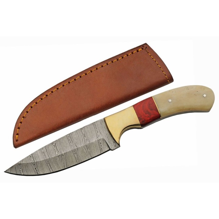 Couteau De Chasse Damas Lame 256 Couches Manche Os/Bois Etui Cuir DM1337 - Livraison Gratuite
