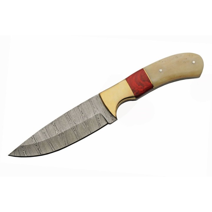 Couteau De Chasse Damas Lame 256 Couches Manche Os/Bois Etui Cuir DM1337 - Livraison Gratuite