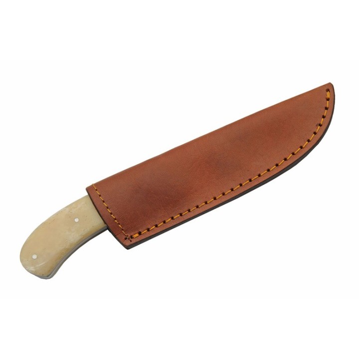 Couteau De Chasse Damas Lame 256 Couches Manche Os/Bois Etui Cuir DM1337 - Livraison Gratuite