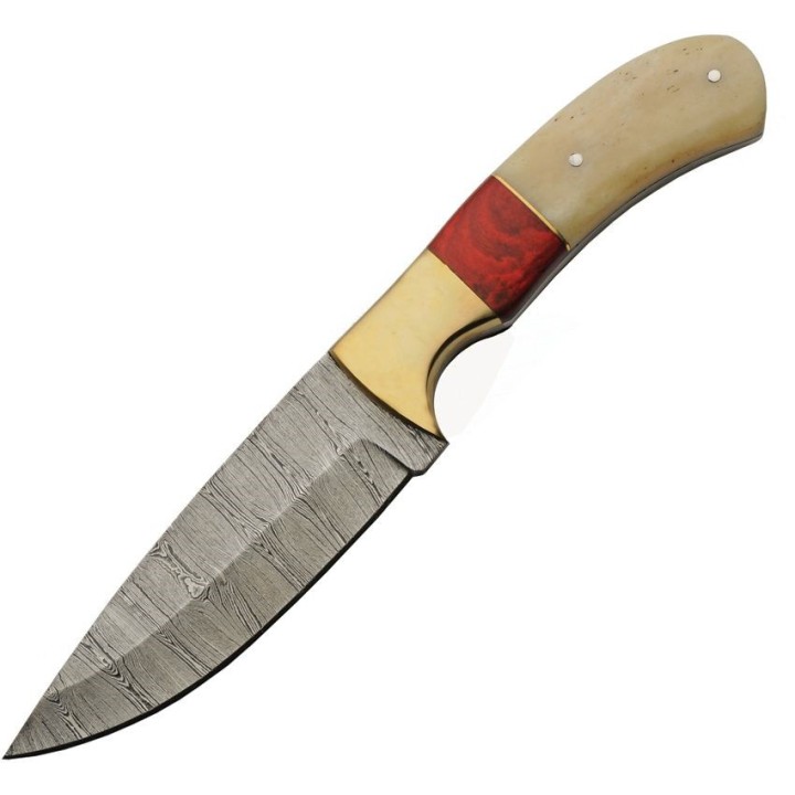 Couteau De Chasse Damas Lame 256 Couches Manche Os/Bois Etui Cuir DM1337 - Livraison Gratuite