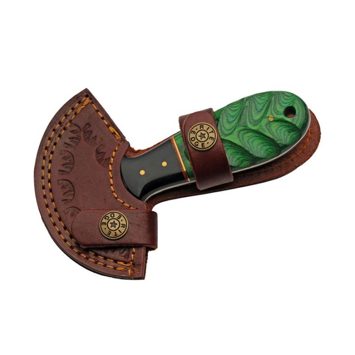 Couteau D'Esquimau Ulu Cutter Green Manche Bois & Corne Lame 256 Couches Etui Cuir DM1298GN - Livraison Gratuite