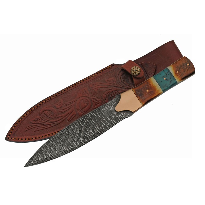 Couteau Damas Flint Lame Acier Damas 256 Couches Manche Os Etui Cuir DM1270 - Livraison Gratuite