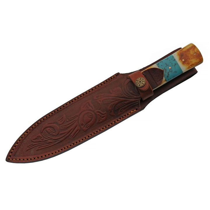 Couteau Damas Flint Lame Acier Damas 256 Couches Manche Os Etui Cuir DM1270 - Livraison Gratuite