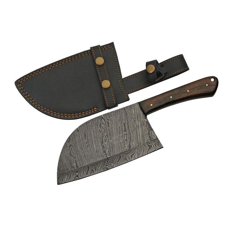 Couteau Couperet Butcher Chopper Damas Lame 256 Couches Manche Bois Etui Cuir DM1278 - Livraison Gratuite