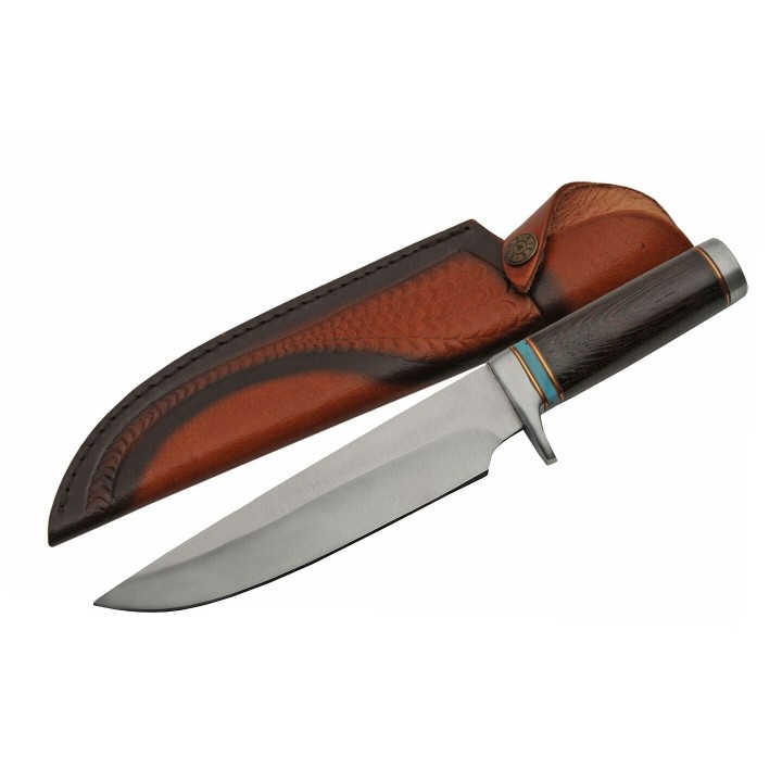 Poignard Couteau de Chasse Bowie Classic Hunter Lame Acier 3Cr13 Manche Bois Etui Cuir PA203418 - Livraison Gratuite