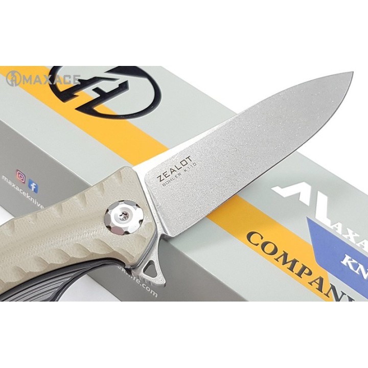 Couteau Maxace Zealot Tan Lame Acier Bohler K110 IKBS G10 Handle Linerlock Clip MAXMCZ203 - Livraison Gratuite