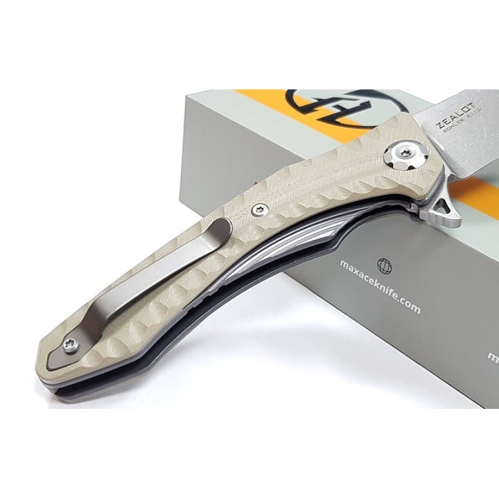 Couteau Maxace Zealot Tan Lame Acier Bohler K110 IKBS G10 Handle Linerlock Clip MAXMCZ203 - Livraison Gratuite