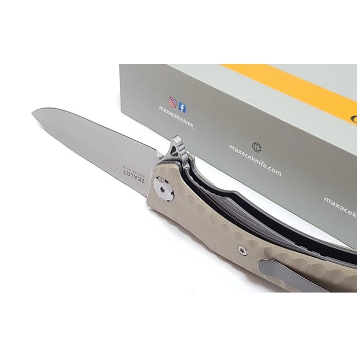 Couteau Maxace Zealot Tan Lame Acier Bohler K110 IKBS G10 Handle Linerlock Clip MAXMCZ203 - Livraison Gratuite