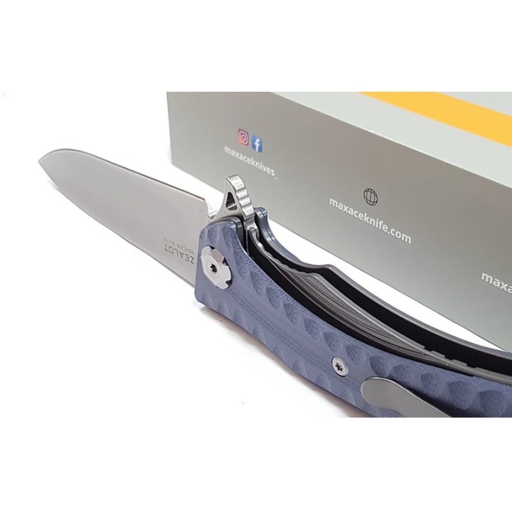 Couteau Maxace Zealot Blue-Gray Lame Acier Bohler K110 IKBS G10 Handle Linerlock Clip MAXMCZ202 - Livraison Gratuite