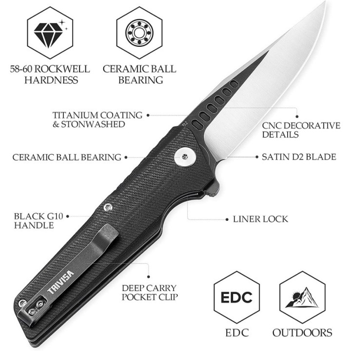 Couteau Trivisa Orion Black Lame Acier D2 Manche G10 IKBS Linerlock Clip TVTY01BDG - Livraison Gratuite