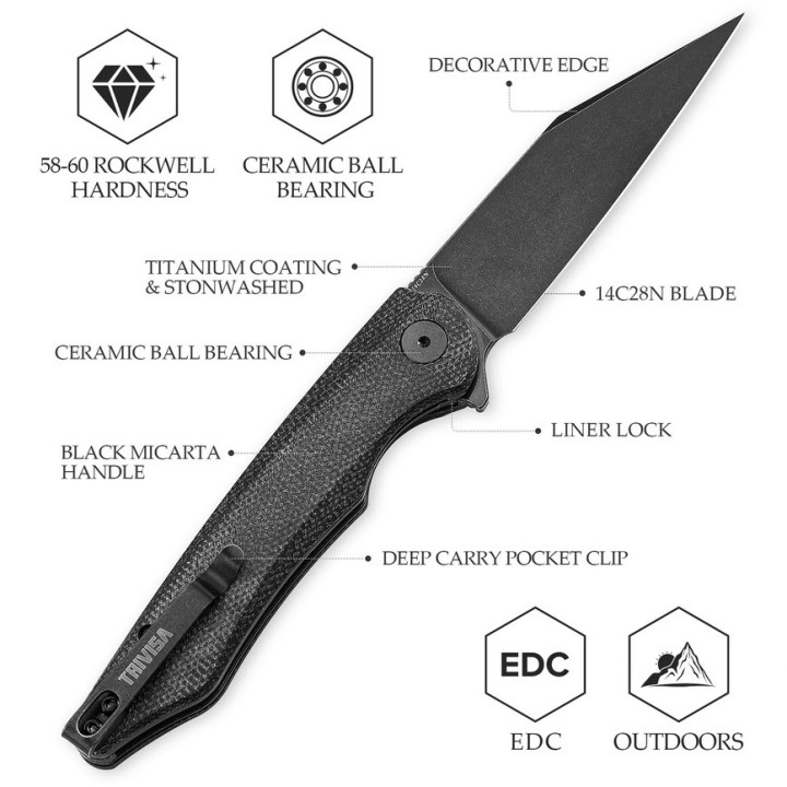 Couteau Trivisa Lynx Blackwash Lame Acier 14C28N Black Manche G10 IKBS Linerlock Clip TVTY02M14 - Livraison Gratuite