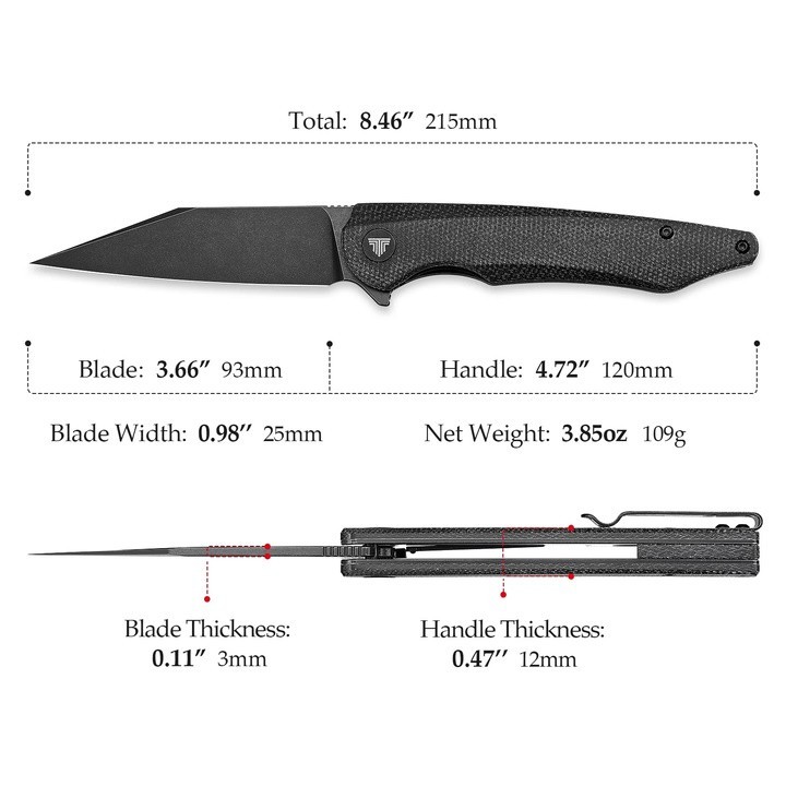 Couteau Trivisa Lynx Blackwash Lame Acier 14C28N Black Manche G10 IKBS Linerlock Clip TVTY02M14 - Livraison Gratuite