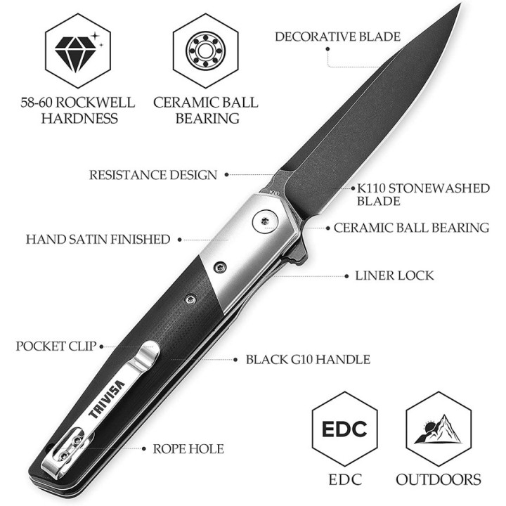 Couteau Trivisa Leominor Blackwash Lame Acier Bohler K110 Black Manche G10 IKBS Linerlock Clip TVXW01BKG - Livraison Gratuite