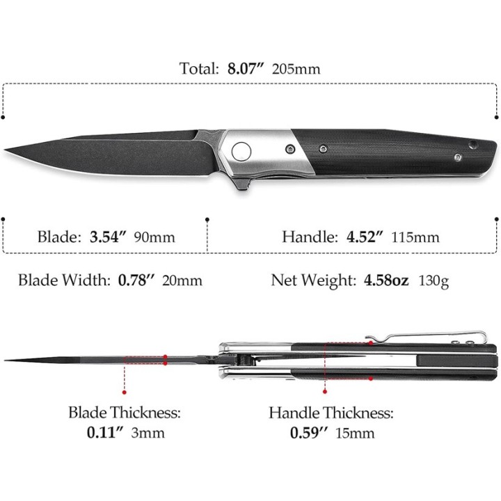Couteau Trivisa Leominor Blackwash Lame Acier Bohler K110 Black Manche G10 IKBS Linerlock Clip TVXW01BKG - Livraison Gratuite