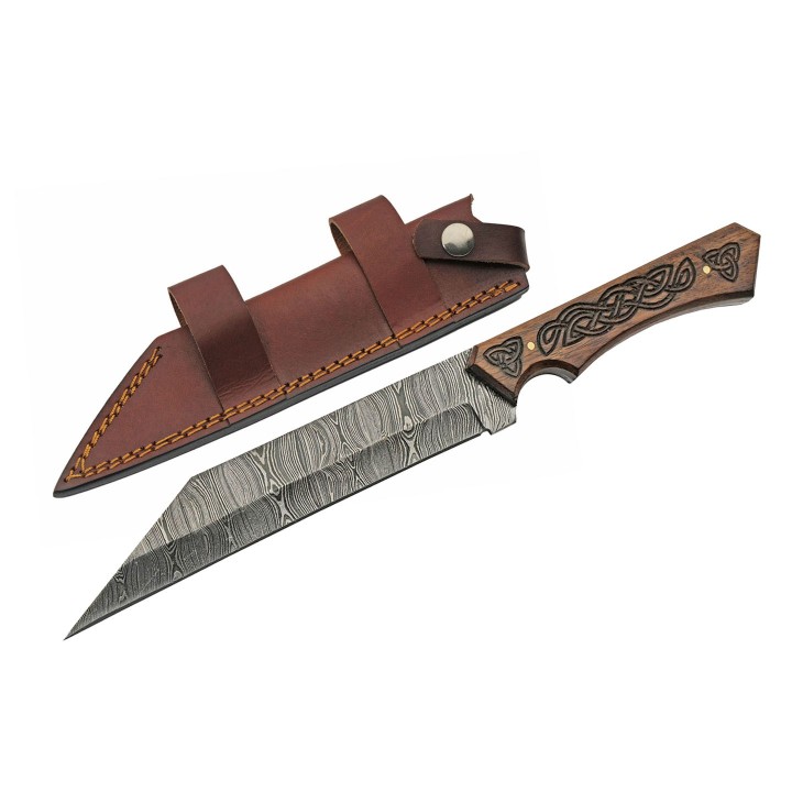 Couteau Celtic Sailor’s Seax Damas Lame 256 Couches Manche Bois Etui Cuir DM1300 - Livraison Gratuite