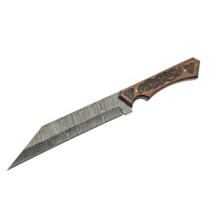 Couteau Celtic Sailor’s Seax Damas Lame 256 Couches Manche Bois Etui Cuir DM1300 - Livraison Gratuite