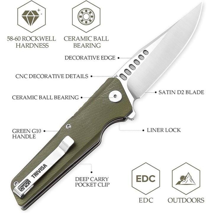 Couteau Trivisa Orion Green Lame Acier D2 Manche G10 IKBS Linerlock Clip TVTY01GDG - Livraison Gratuite