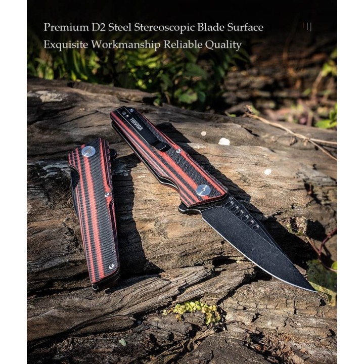 Couteau Trivisa Orion Black/Red Lame Acier D2 Manche G10 IKBS Linerlock Clip TVTY01RBDG - Livraison Gratuite