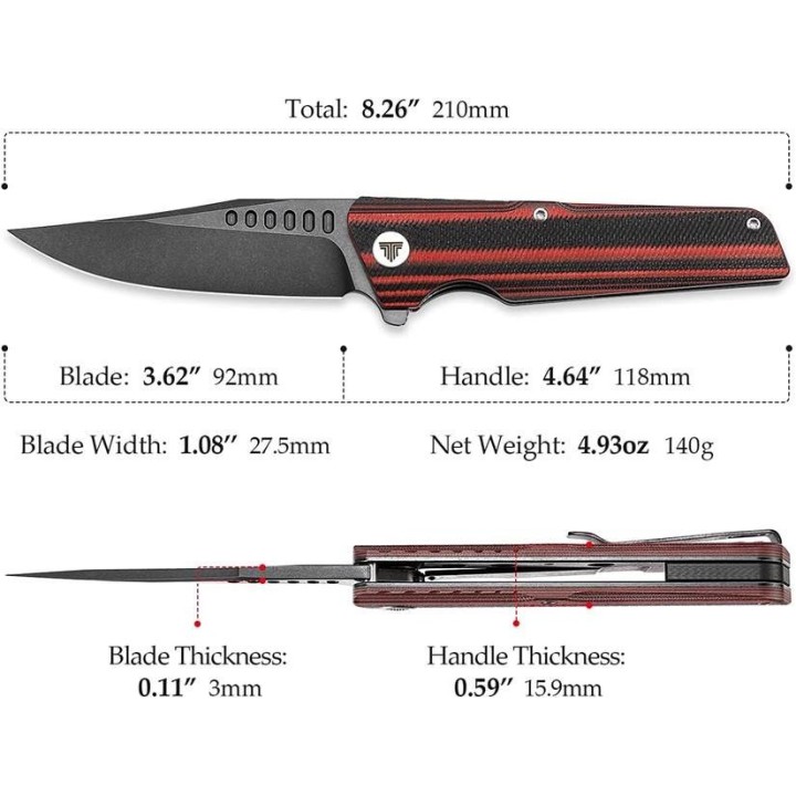 Couteau Trivisa Orion Black/Red Lame Acier D2 Manche G10 IKBS Linerlock Clip TVTY01RBDG - Livraison Gratuite