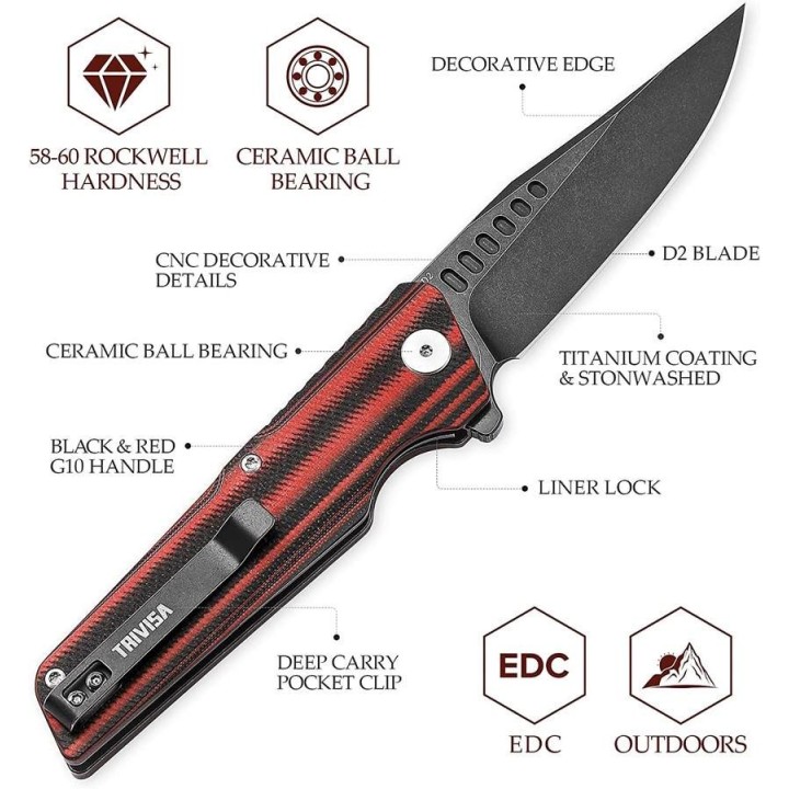 Couteau Trivisa Orion Black/Red Lame Acier D2 Manche G10 IKBS Linerlock Clip TVTY01RBDG - Livraison Gratuite