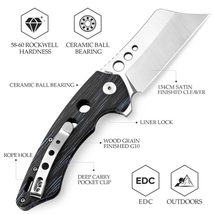 Couteau Trivisa Mensae Black/Blue Lame Cleaver Acier 154CM Manche G10 IKBS Linerlock Clip TVTY04BB154G - Livraison Gratuite