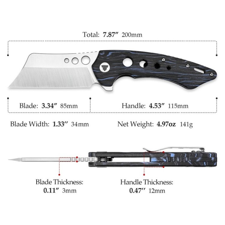 Couteau Trivisa Mensae Black/Blue Lame Cleaver Acier 154CM Manche G10 IKBS Linerlock Clip TVTY04BB154G - Livraison Gratuite