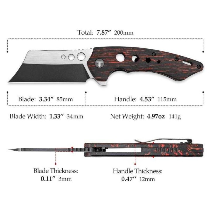 Couteau Trivisa Mensae Black/Red Lame Acier 154CM Manche G10 IKBS Linerlock Clip TVTY04RB154G - Livraison Gratuite