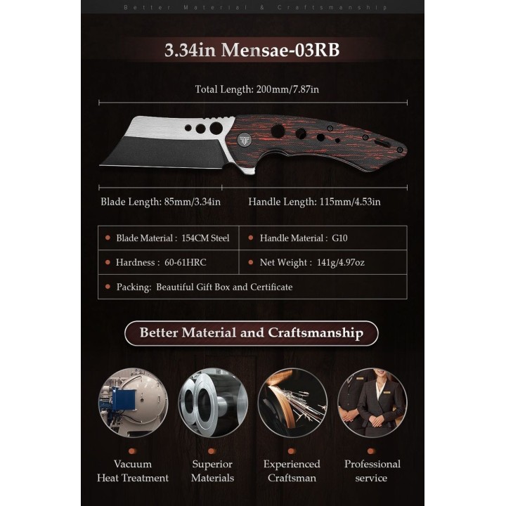Couteau Trivisa Mensae Black/Red Lame Acier 154CM Manche G10 IKBS Linerlock Clip TVTY04RB154G - Livraison Gratuite