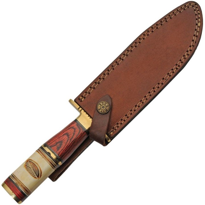Couteau Bowie LEAF BONE & PAKKAWOOD Manche Os/Bois Lame Acier Inox Etui Cuir PA203465 - Livraison Gratuite