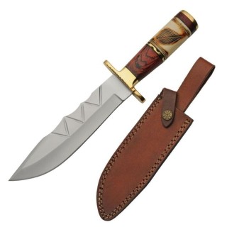 Couteau Bowie LEAF BONE & PAKKAWOOD Manche Os/Bois Lame Acier Inox Etui Cuir PA203465 - Livraison Gratuite