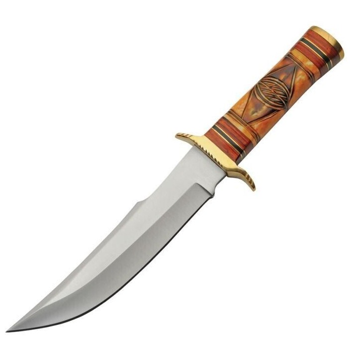 Couteau Bowie Red Sun Manche Os/Bois Lame Acier Inox Etui Cuir PA203466 - Livraison Gratuite