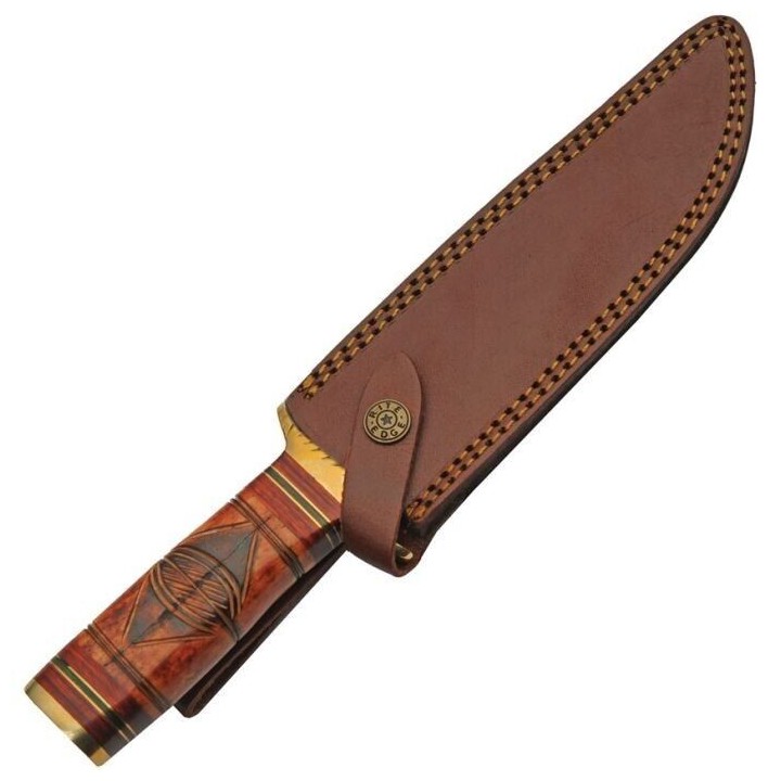 Couteau Bowie Red Sun Manche Os/Bois Lame Acier Inox Etui Cuir PA203466 - Livraison Gratuite