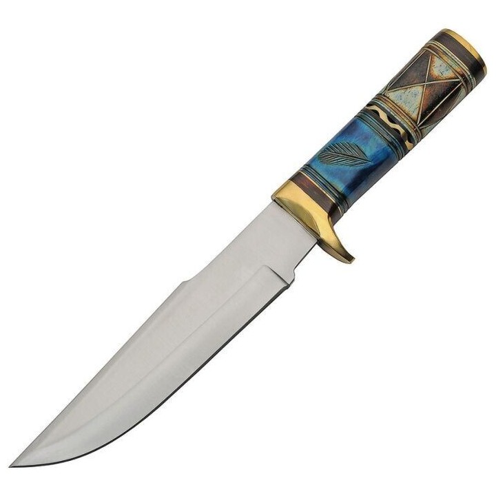 Couteau Bowie Blue Thunder Bone Manche Os Lame Acier Inox Etui Cuir PA203467 - Livraison Gratuite
