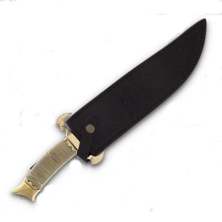 Couteau Style Médiéval Rough Ryder Bowie Wire Wrapped Manche Chainette Lame Acier 440 Etui Cuir RR2206 - Livraison Gratuite