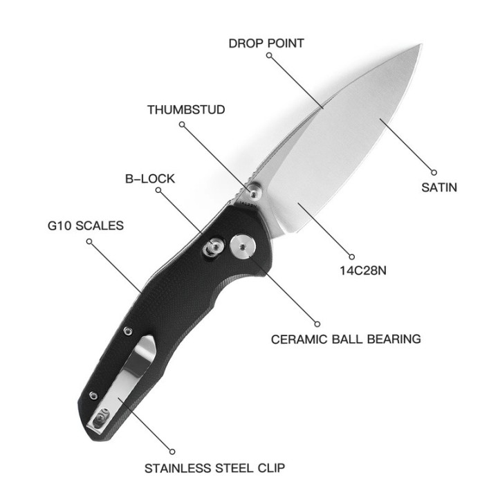 Couteau Bestech Ronan Black Manche G10 Lame Acier 14C28N Satin IKBS Crossbar Lock Clip BTKMK02A - Livraison Gratuite