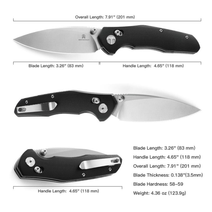 Couteau Bestech Ronan Black Manche G10 Lame Acier 14C28N Satin IKBS Crossbar Lock Clip BTKMK02A - Livraison Gratuite
