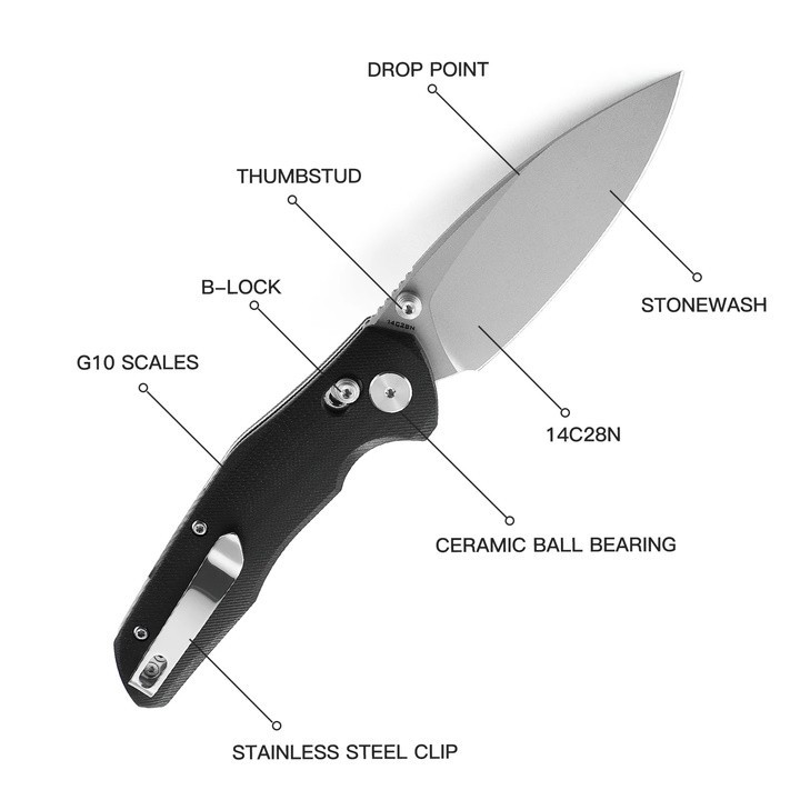 Couteau Bestech Ronan Black Manche G10 Lame Acier 14C28N Stonewash IKBS Crossbar Lock Clip BTKMK02D - Livraison Gratuite
