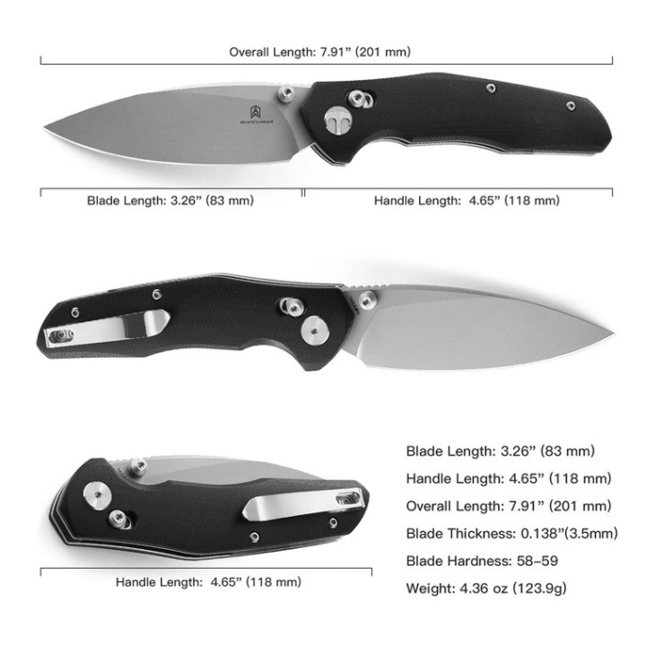 Couteau Bestech Ronan Black Manche G10 Lame Acier 14C28N Stonewash IKBS Crossbar Lock Clip BTKMK02D - Livraison Gratuite